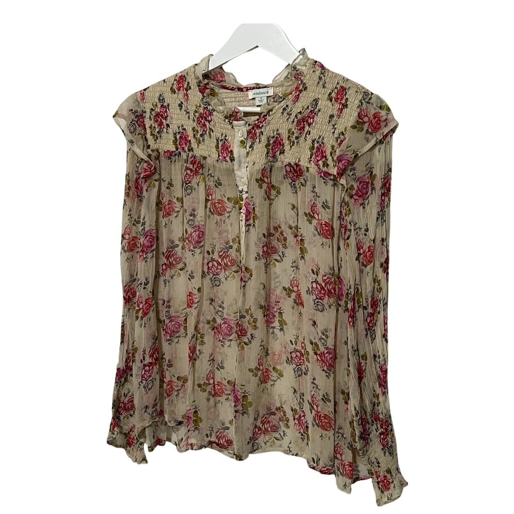 Sundance Small Amelia Floral Sheer Blouse Bohemian Ruffled Sleeves Button-up - Picture 2 of 13